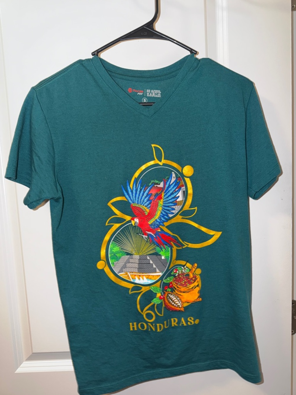Honduras Graphic Tee - Teal V-Neck with Parrot Design